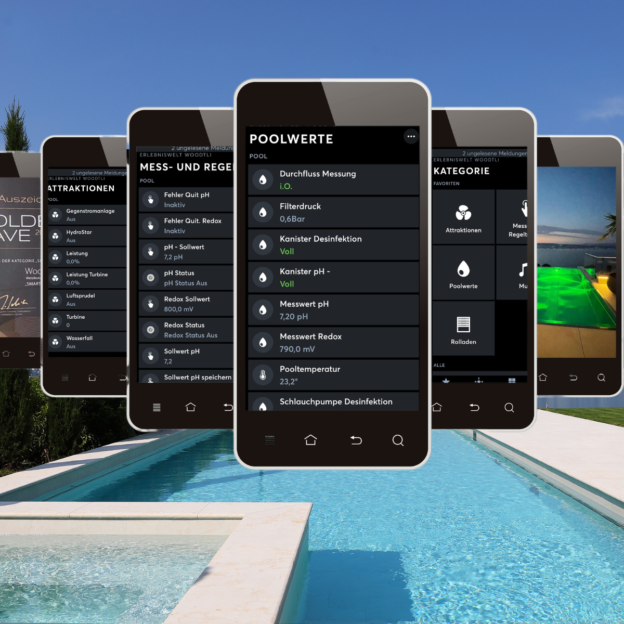 Woodtli Smart Pool App mit Poolwerten, Mess- und Regeltechnik auf dem Smartphone