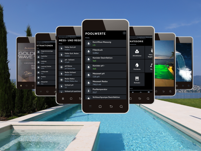 Woodtli Smart Pool App mit Poolwerten, Mess- und Regeltechnik auf dem Smartphone